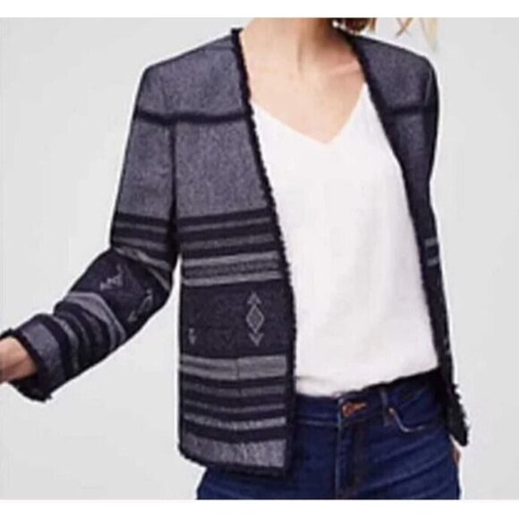 LOFT Blazer Womens Medium Open Front Southwestern Fringe Cotton Navy Blue Boho - Picture 1 of 7